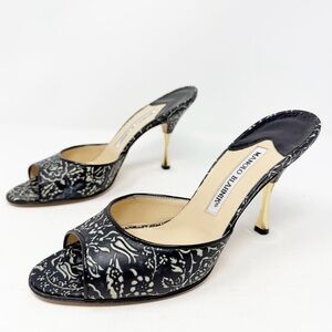 Vintage Manolo Blahnik Black Floral Print Mules Size 37